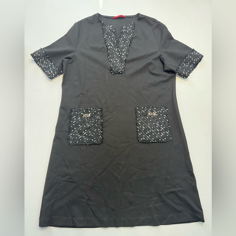 Carolina Herrera Shift Dress w Pockets Black with Tweed Details Size L